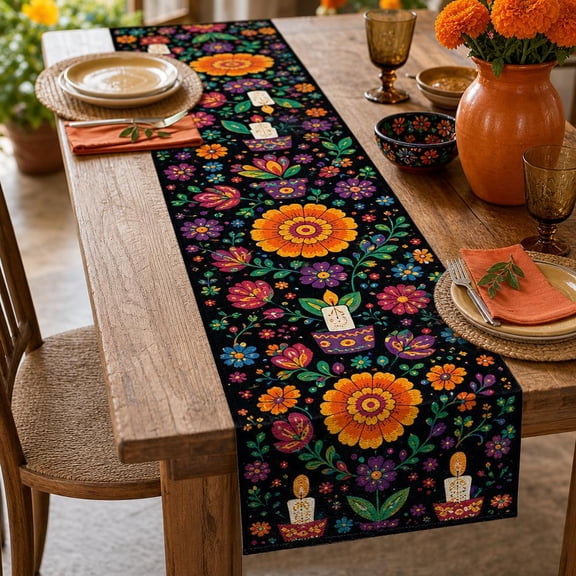 Dia De Los Muertos Table Runner Cinco de Mayo Rustic Linen Mexican Sugar Skull Day of The Dead Altar Decoration for Home Kitchen Dining Room (13" x 71")