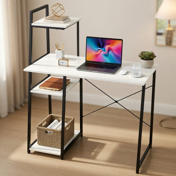 GVN Writing Desks,Compact Computer Desk Workstation with 4 Tier Shelves for Home and Office-White