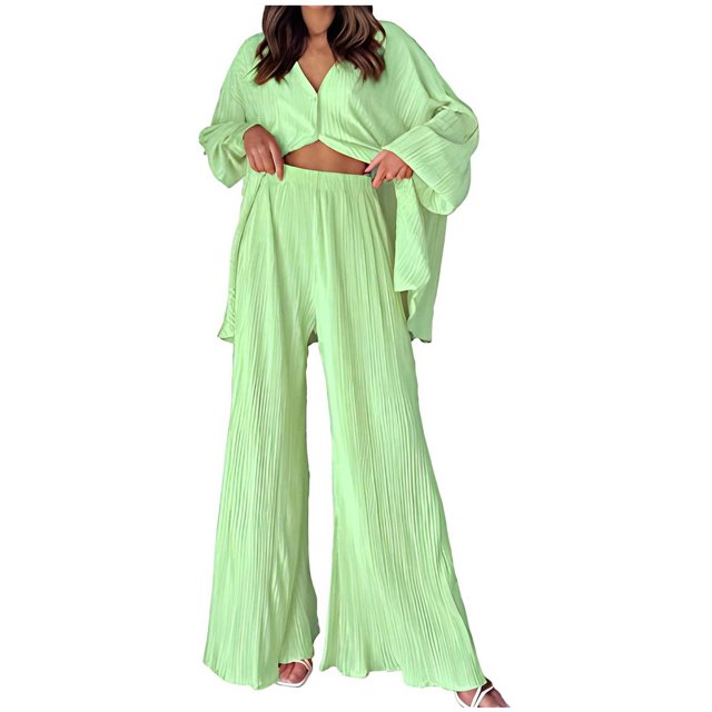 Yuyuzo Womens Fall 2 Piece Sets Button down V Neck Long Sleeve Shirts with High Waisted Pants Solid Color