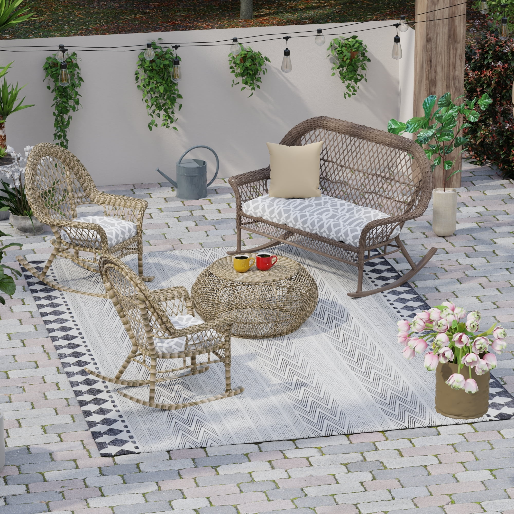 Jordan Manufacturing 3-Piece Chauncey Pumice Gray Geometric Tufted Outdoor Cushion Set with 1 Wicker Bench Cushion and 2 Wicker Seat Cushions