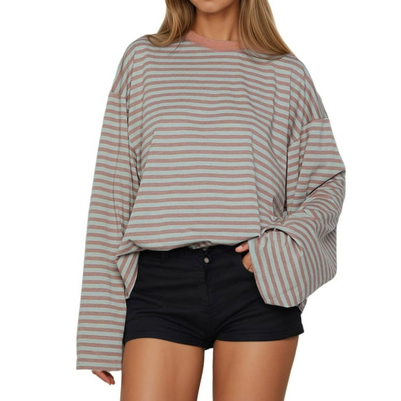 PMVFHDE Womens Striped Long Sleeve T Shirt Color Block Design Loose Fit Round Neck Comfortable Everyday Wear Top Pink,S
