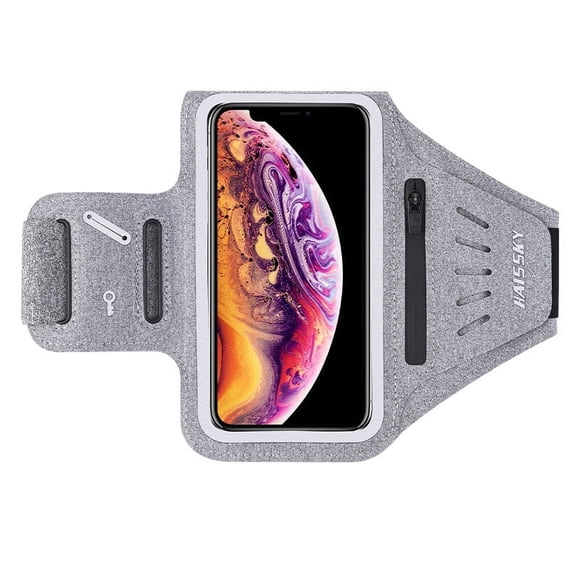 Running Arm Strap with Airpods Pocket Card Slot and Key Pocket, Sports Arm Strap Phone Holder Fits 6.8" Phone grey