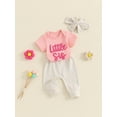 thumbnail image 4 of Newborn Baby Girl Little Sis Outfits Letter Short Sleeve T-shirt Romper Pants Set Headband Coming Home Hospital Clothes, 4 of 8