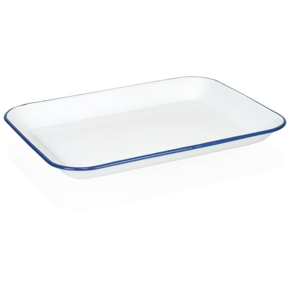 Red Co. 13” x 10” Enamelware Metal Classic 1.6 Quart Rectangular Serving Tray, Solid White/Navy Blue Rim