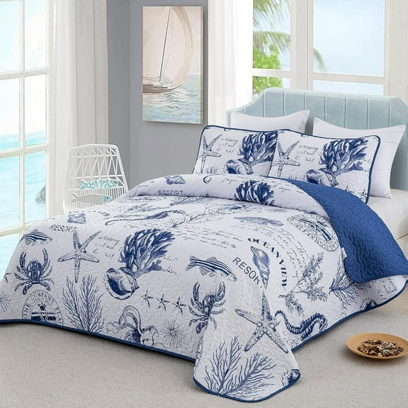 Navy Blue Quilt Set Queen Coastal Beach Theme Soft Microfiber Reversible Bedspread with 2 Pillow Shams All Season