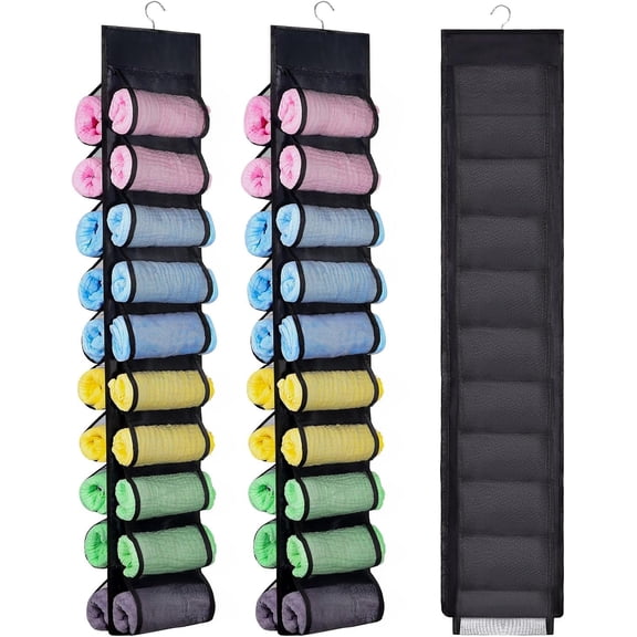 2 Pack Legging Storage Organizer, Hanging Legging Storage Hanger with 20 Roll Compartments, Foldable Clothes Roll Holder for Yoga T-Shirts Pants Jeans Towels