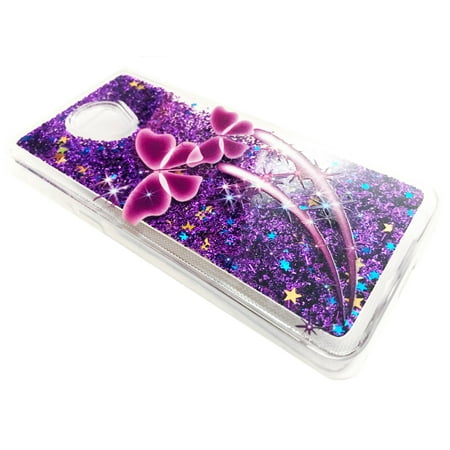For Alcatel TCL LX A502DL Liquid Motion Glitter Design Cover Cell Phone Case + Tempered Glass Screen Protector - Liquid Purple Butterfly