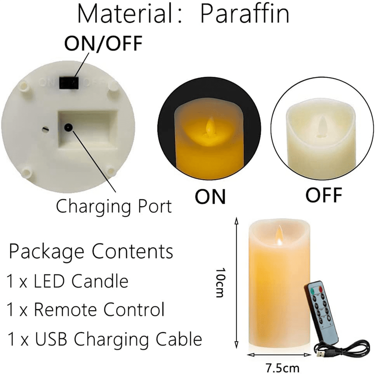 4X LED Candles, Flickering Flameless Candles, Rechargeable Candle, Real Wax Candles with Remote Control,10cm A