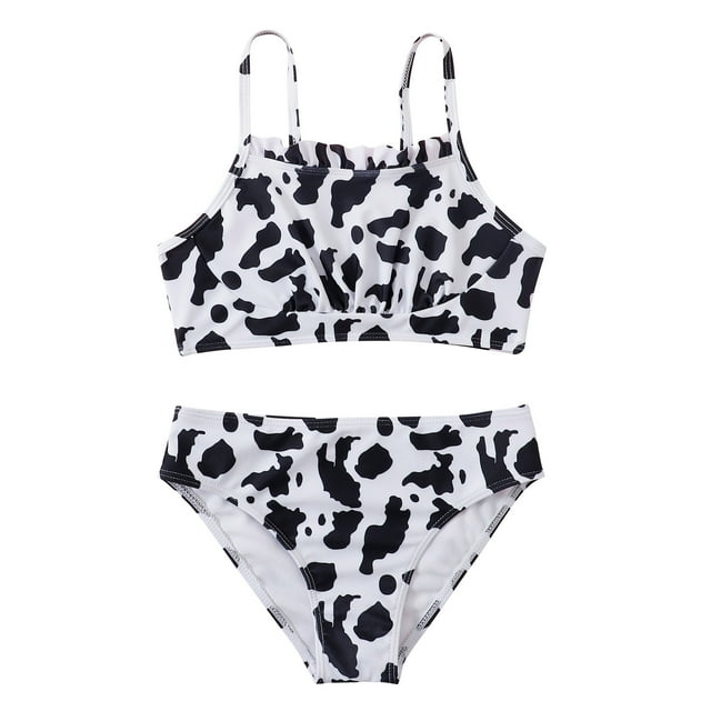 TBWNWG Girls Ruffled Bikini Swimsuit Set Summer Cow Print Graphic Hollow Design Swimwear Outfit,Sizes 12 Years