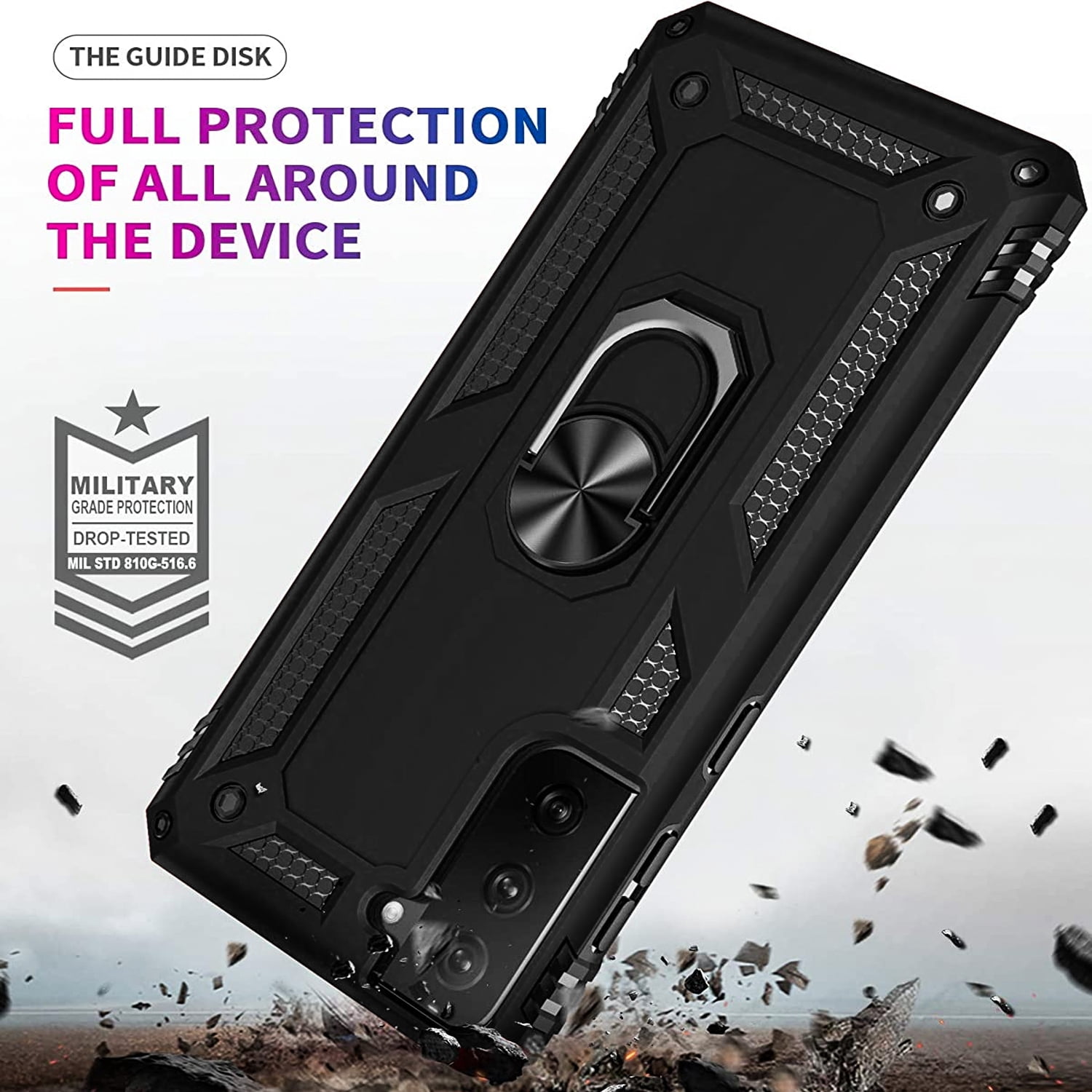 Samsung Galaxy S21 Case, With [Tempered Glass Screen Protector Included], STARSHOP Drop Protection Ring Kickstand Cover- Black