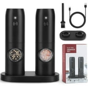 Electric Salt and Pepper Grinder Set, 2 Pack Rechargeable Salt Pepper Grinder Set, Black Refillable Automatic Mills Shaker With LED Light, One-HandedOperation