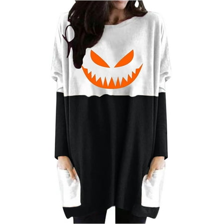 

Womens Color Block Long Sleeve Shirts Hide Belly Tunic Halloween Lightweight Round Neck Pocket Blouse Pullover Top