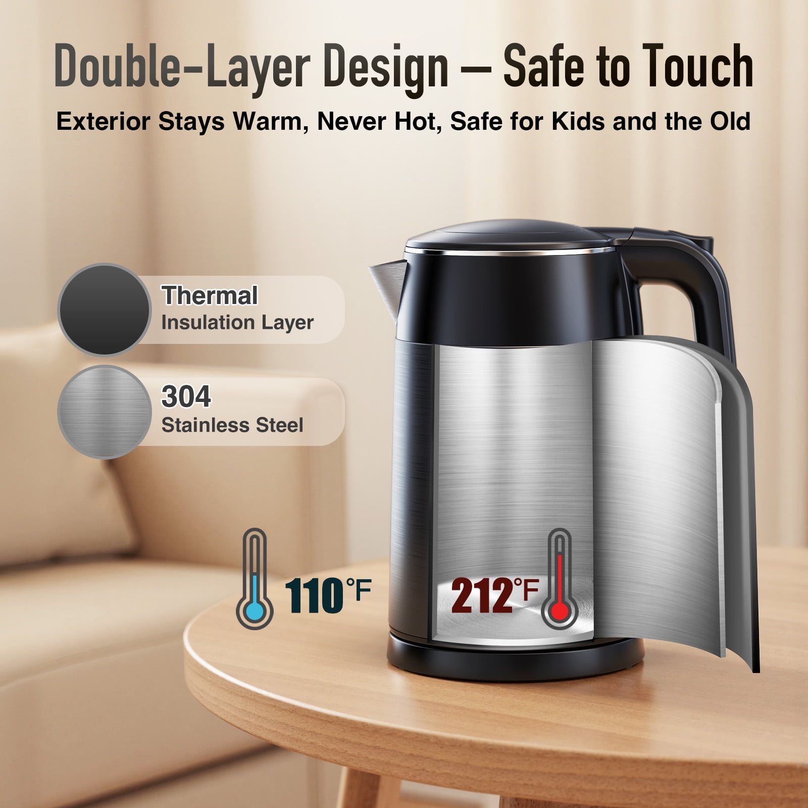 Mecity Electric Kettle Touch Screen Temperature Control Water Boiler, No Plastic Contact with Water. 6 Preset Temperature Programs, 2 Hours Keep Warm, 1.7 Liter Dark Grey