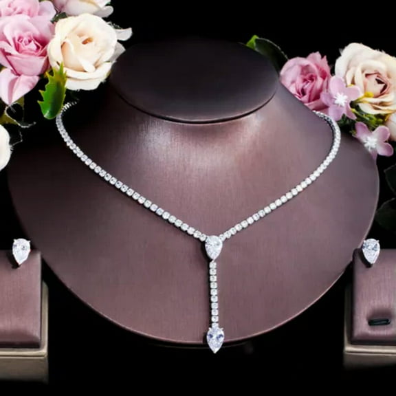 Classy Yellow CZ Long Drop Square Necklace Earrings Bridal Wedding Jewelry Set