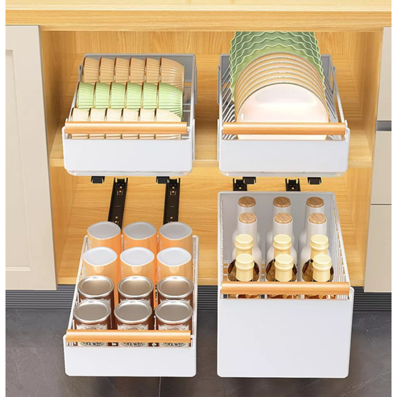 DRHACE-Pull-out cabinet drawers – retractable metal storage shelves that slide smoothly and are suitable for kitchen and bathroom cabinets.