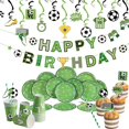 thumbnail image 1 of Vajilla para fiesta de cumpleaños de fútbol Banner de feliz cumpleaños 16 vasos de papel, 16 platos de papel, 20 pajitas, 24 adornos para tartas, 24 espirales Accesorios para fiestas de cumpleaños, 1 of 5