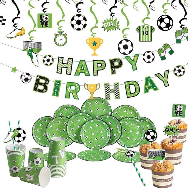 Vajilla para fiesta de cumpleaños de fútbol Banner de feliz cumpleaños 16 vasos de papel, 16 platos de papel, 20 pajitas, 24 adornos para tartas, 24 espirales Accesorios para fiestas de cumpleaños