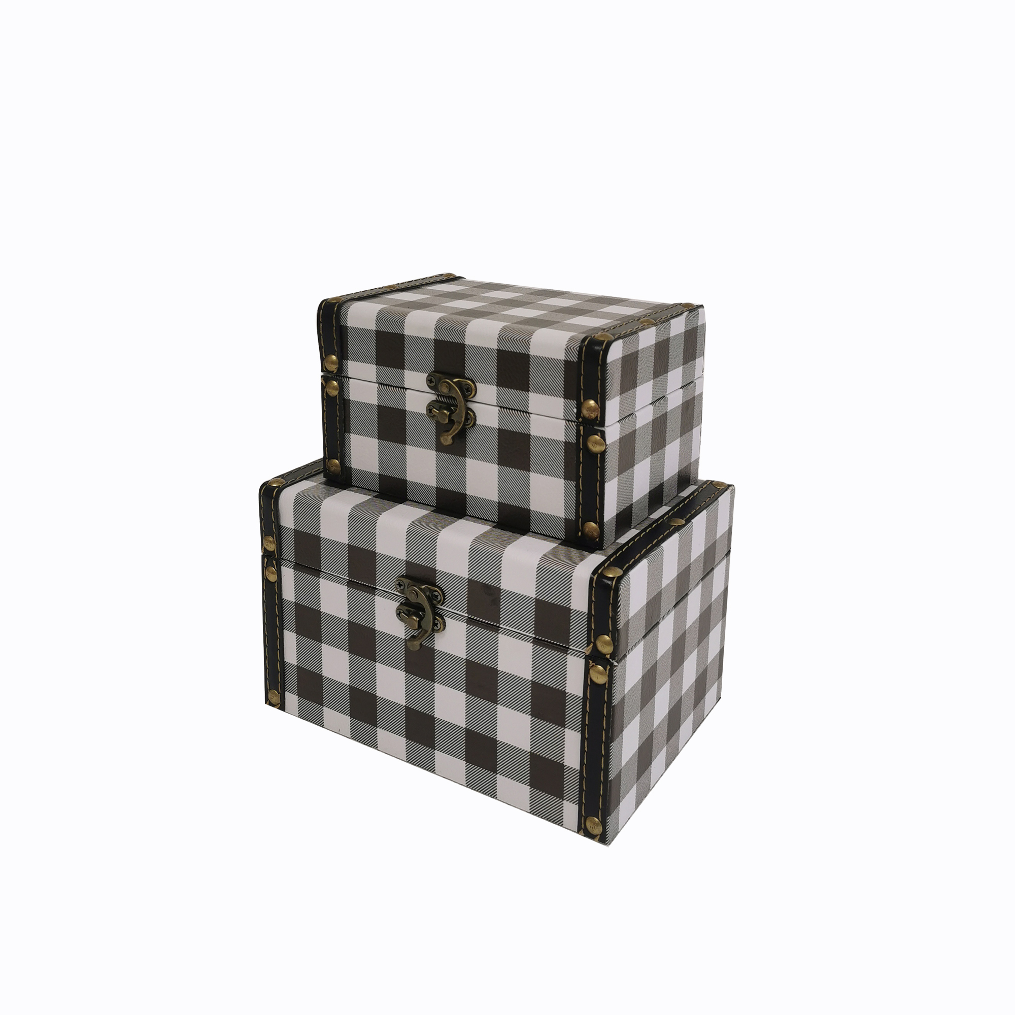 Set Of 2 Black & White Buffalo Check Wood Decorative Storage Boxes