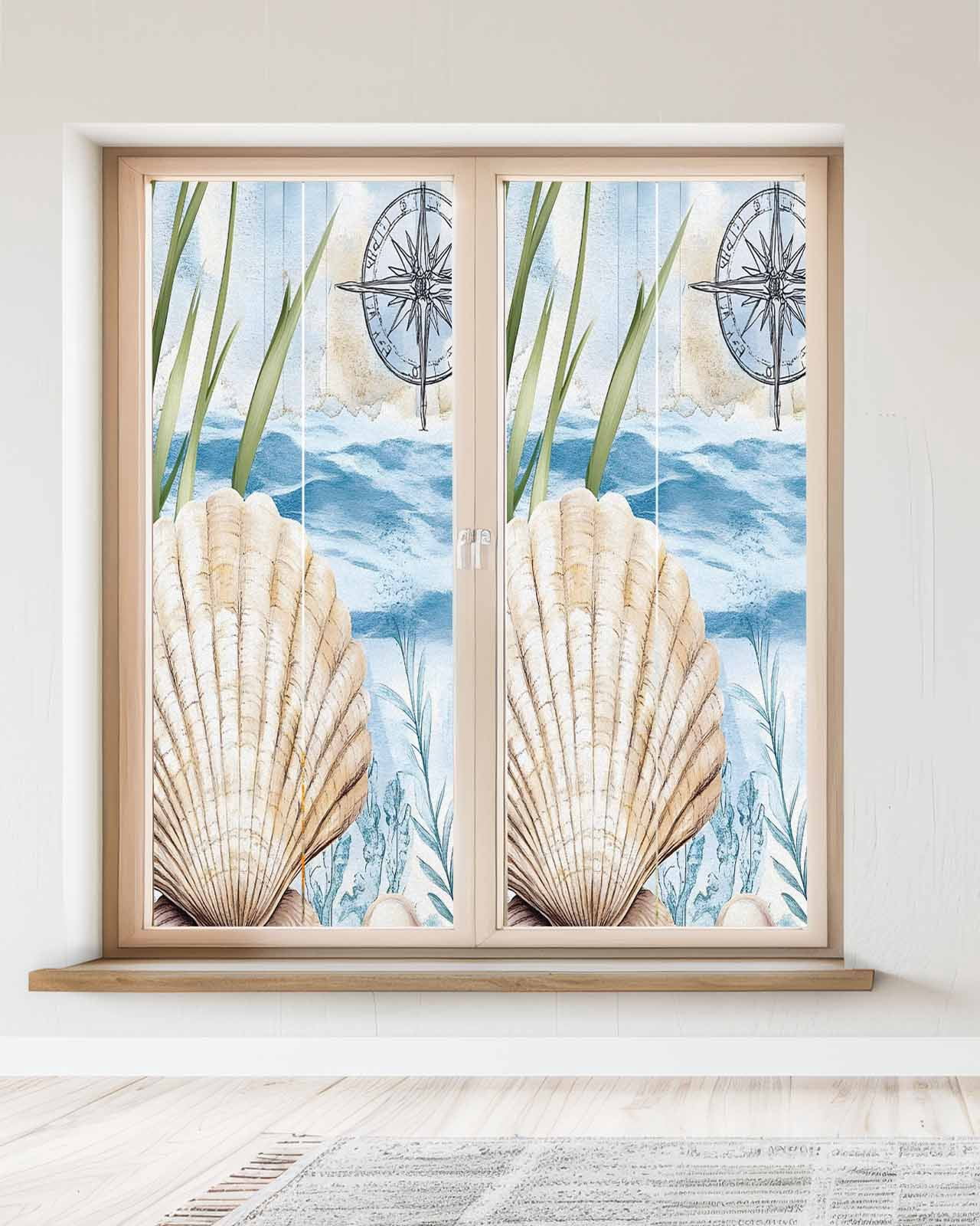 Window Privacy Film Summer Ocean Stained Glass Window Film Decorative Sun Block Window Cover Nautical Sea Shell Coral Wave Window Clings Static Adhesive Sticker for Bathroom 23.6"x59"