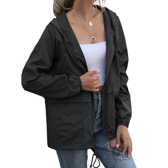 Women Lightweight Rain Jacket Packable Waterproof Hooded Zip Raincoat Clothes Black XXL
