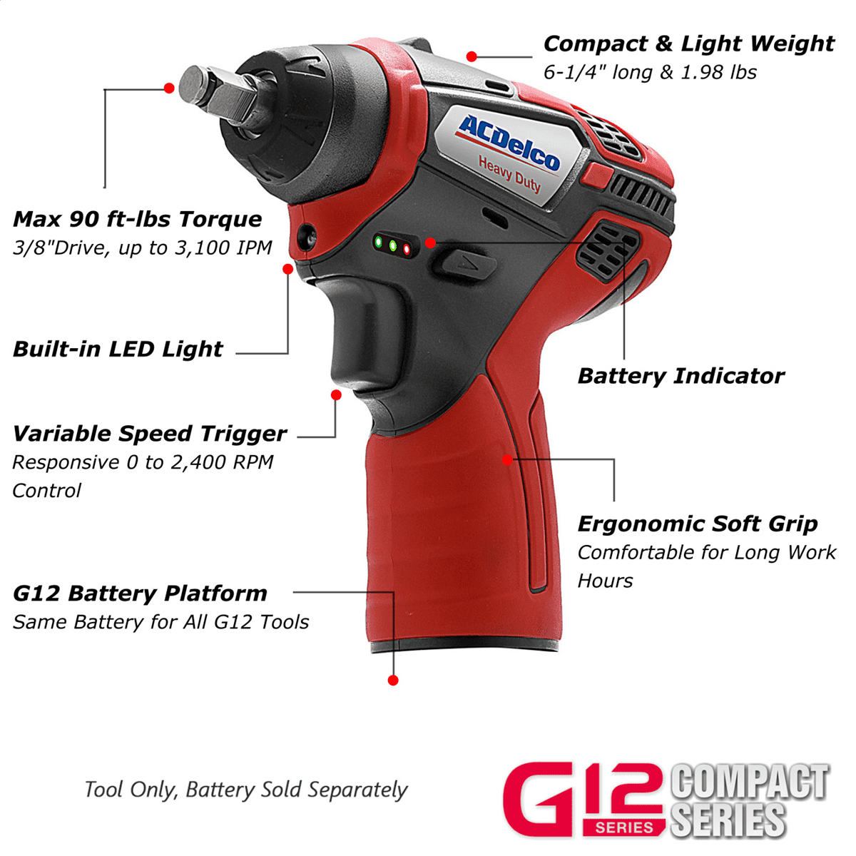 ACDelco ARI12104T 12V, 3/8" Cordless Impact Wrench, 2400 RPM