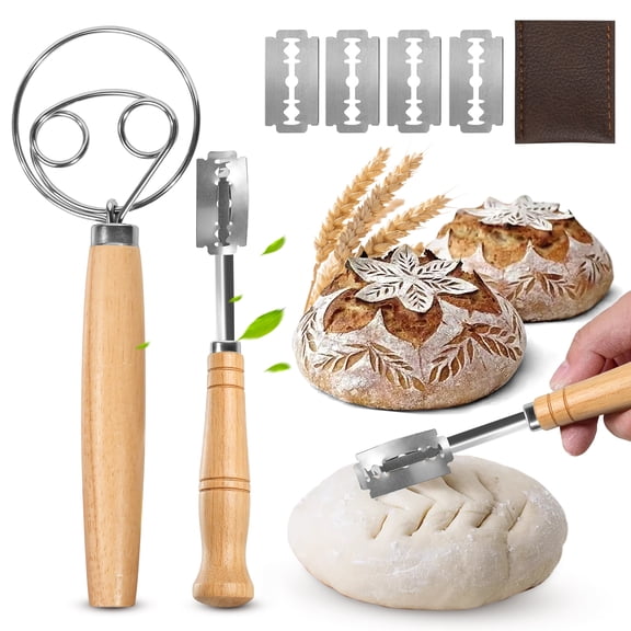 Gimgong Danish Dough Whisk & Bread Lame Set for Sourdough Bread – Wooden Handle Dough Whisk Mixer and Bread Scoring Tool, Artisan Sourdough Baking Tools & Bread Baking Supplies