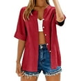 thumbnail image 3 of Button Down Shirts Collared Tops Business Casual Outfits Loose Comfy Work Gauze Blouses Womens Boho Tops Loose Tops Blouses Cotton Button Up Shirt Loose Fit Blouses Flowy Tunic Red 3XL, 3 of 9