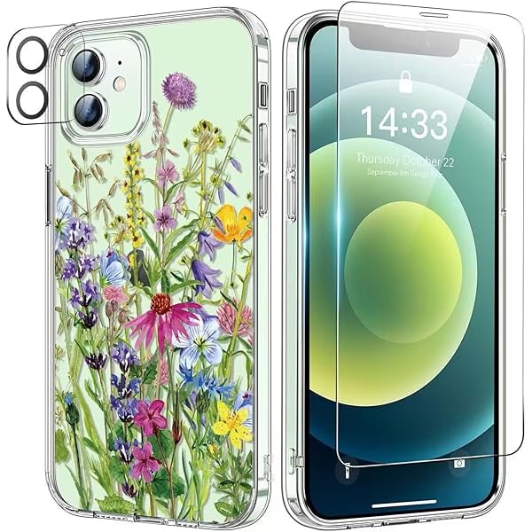 wonima11 bicol for iPhone 12 Case with Screen Protector and Camera Lens Protector - Fashionable Flower Floral Designs for Women Girls - Shockproof Acrylic Clear Phone Cover 6.1" - Blooming Flowers