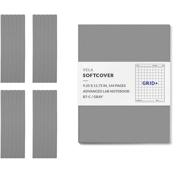 Vela Sciences B7 Expanded Softcover Lab Notebook, 9.25 x 11.75 in (23.5 x 30 cm), 144 Pages, Permanent Bound, 70lb Heavyweight Paper (24-Pack, Grid  )
