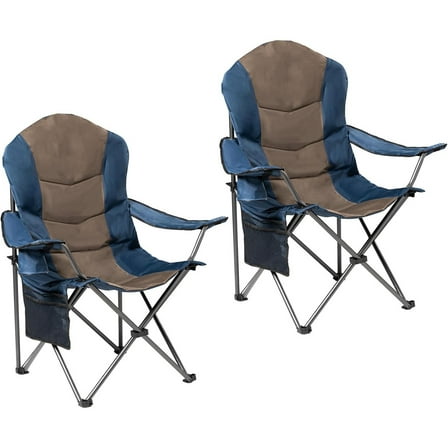 2 Pack Folding Camping Chairs for Adults - High Back Padded Portable Outdoor Lawn Chairs 400lbs Capacity, Adjustable Armrests - Lightweight Camp Chairs Set (Blue & Brown)