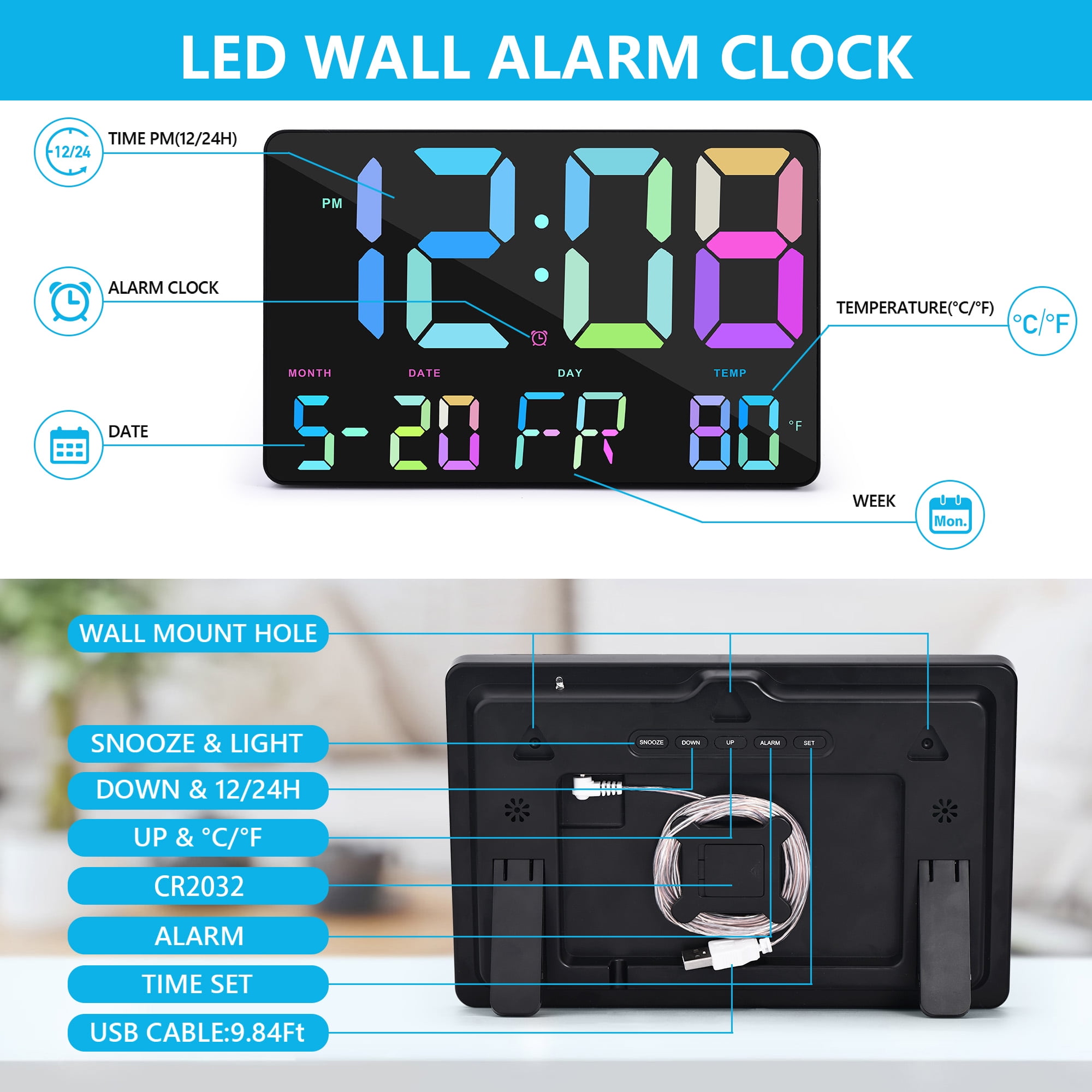 Digital Wall Clock, 11.5 LED Digital Alarm Clock Large Numbers Display  w/Wireless Remote Control&USB Charger, Adjustable Brightness w/Date and  Temperature, 12/24H Snooze for Table&Wall Bedroom Office 