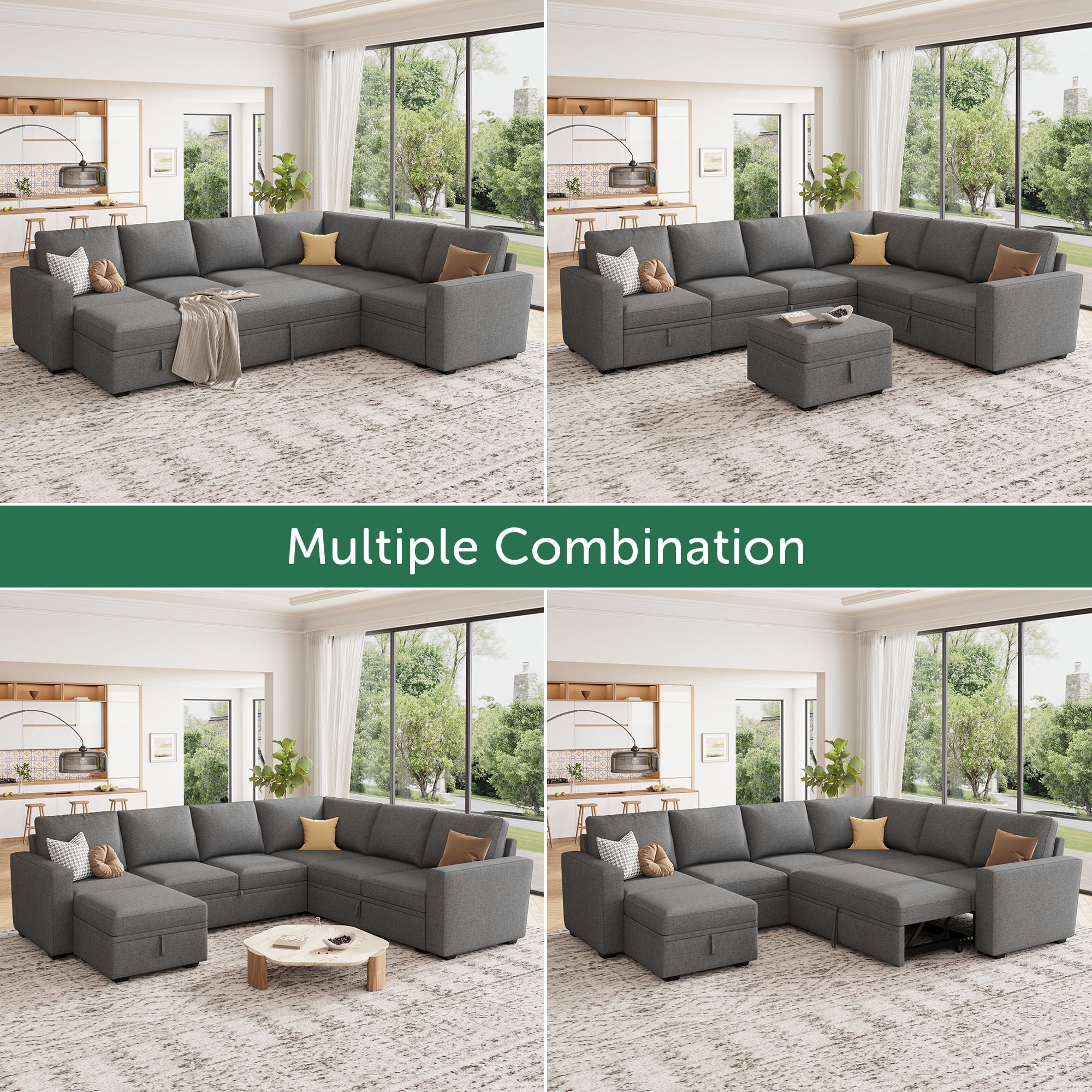 HONBAY 79" Reversible 3 Seat Compact L Shaped Sectional Sleeper Sofa with Pull Out Bed and Storage, Breathable Linen Gray