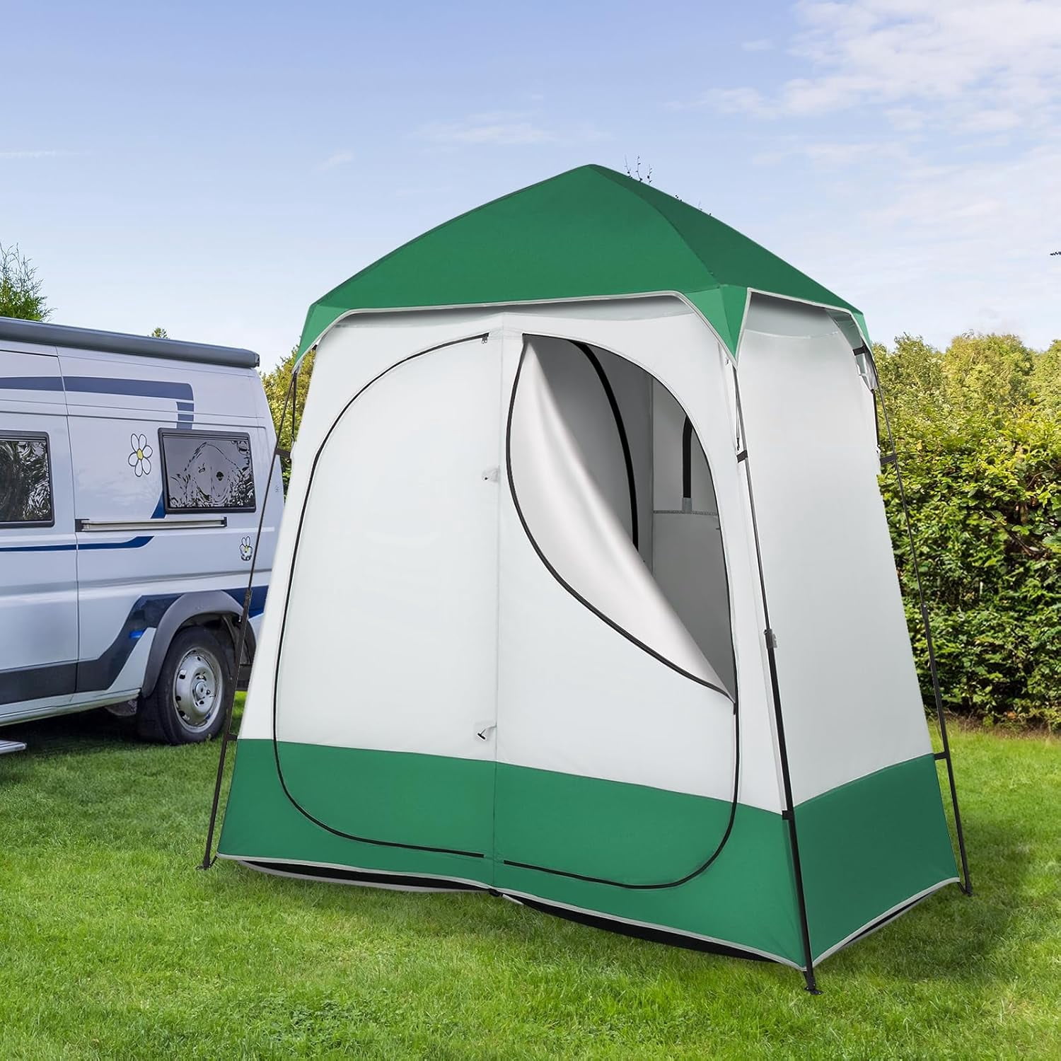LINJH 2 Room Shower Tent, 7.5 FT Instant Pop Up Shelter with Carrying Bag, Privacy Changing Room Tent,Perfect for Portable Toilet, Camping, Dressing, Outdoor Indoor, Easy Set Up,Dark Green