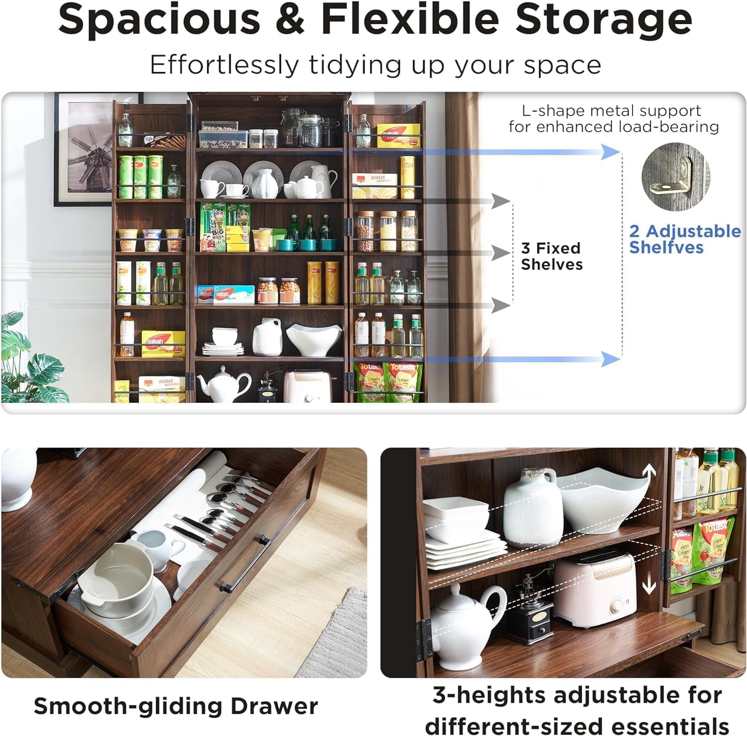 ACCOHOHO 72" Tall Kitchen Pantry Cabinet, Farmhouse Wood Storage Cabinet with Doors, Adjusting Shelves and Organizer, Cupboard for Kitchen, Dining Room, Bathroom, Brown