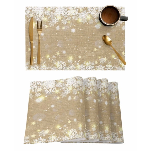 Placemats Set of 6, Beige Snowflake Christmas Woven Placemat, Linen Place Mats for Kitchen/Dining Tables, Winter Xmas Snowflake Farmhouse Washable Table Mats for Party