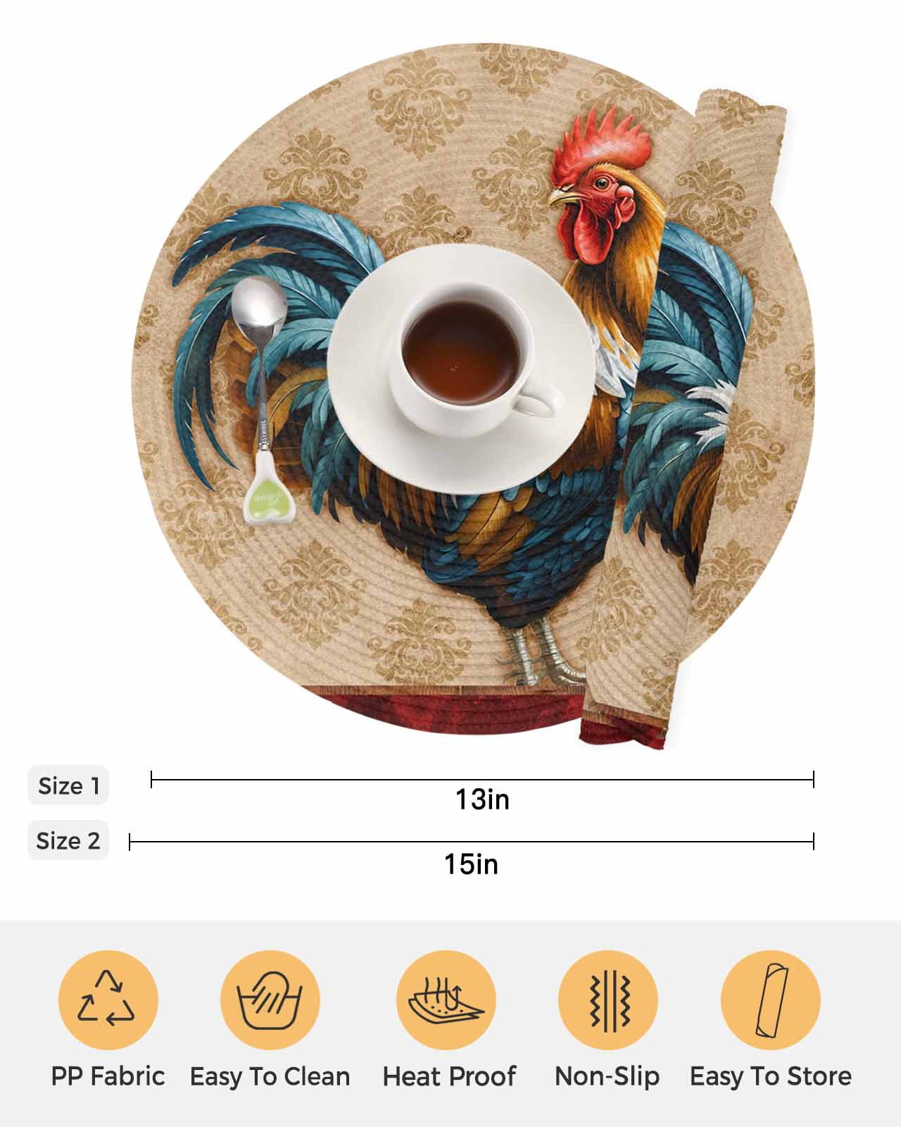 Round Placemats Set of 4 Farmhouse Chicken Rooster Cock Place Mats Washable Woven Placemat Vintage Farm Animal Circle Braided Table Mat for Kitchen Dining Table Party Home Decor 15 Inch
