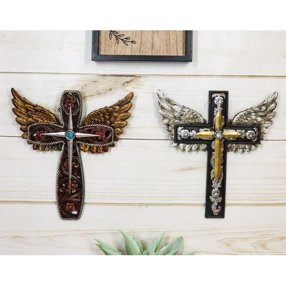 Set of 2 Petite Rustic Western Silver Gold Angel Wings Faux Leather Wall Crosses