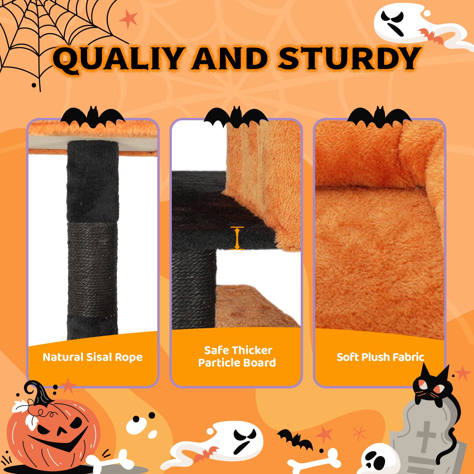 VINGLI Halloween Cat Toy & Scratch Post, Halloween-Themed Cat Climbing Tree with Cat Condo, Spooky Cat Tower in Multiple Sizes