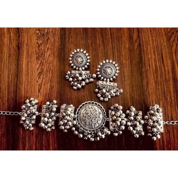 Ethnic Oxidized Silver-Plated Tribal Coin Choker Necklace Set with Earrings – Ghungroo Boho Style Jewelry