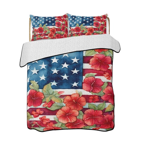 Quilts Queen Size Bedding Set, American Flag Reversible Summer Quilt 3 Pieces, Independence Day USA Floral Leaves Red Blue Lightweight Bedspreads Coverlets with 2 Pillow Shams for All Seasons