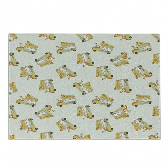 Hot Dog Cutting Board, Cartoon of Fast Food Truck Van with Salesman Shop Car Pattern Pastel Backdrop, Decorative Tempered Glass Cutting and Serving Board, in 3 Sizes, by Ambesonne