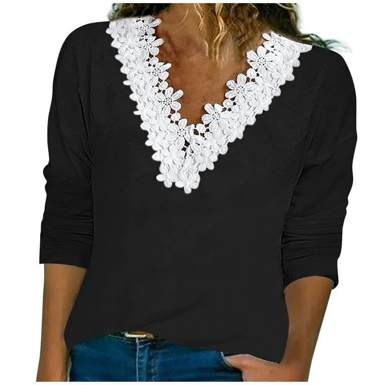 Casual Solid Lace V Neck Tops(4 Colors) Casual Solid Lace V Neck Tops(4 Colors)