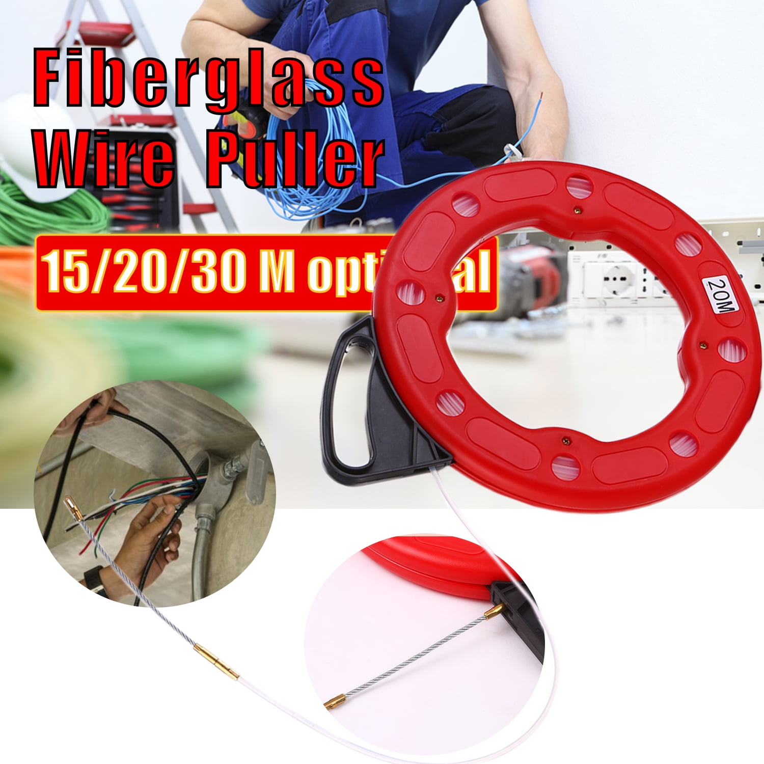20M Fiberglass Fish Tape Reel Puller Conductive Electrical Cable Puller A9G0