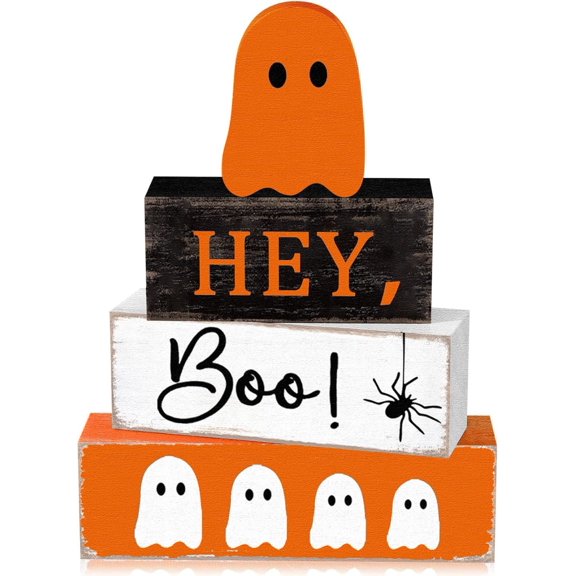 4 Pcs Enchanting Pink Ghost Halloween Table Decor Set - Farmhouse-Style Tiered Tray & Rustic Wooden Block Sign Centerpiece, Ideal Gift for Home, Office, Mantel, Kitchen Shelf Halloween Decor!