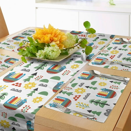 

Cartoon Table Runner & Placemats Pastel Chicken Apartments Sun Forest Trees Clouds Branches Cartoon Set for Dining Table Placemat 4 pcs + Runner 16 x90 Off White and Multicolor by Ambesonne