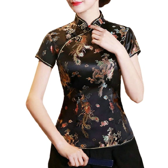 Tank Tops for Women Chinese Cheongsam Short Sleeve Darin Collar Print Ladies Clothing,Black,4XL
