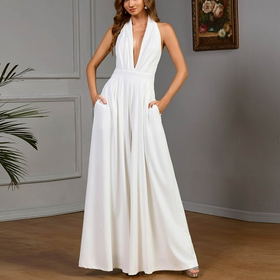 qolati Wedding Guest Dresses for Women 2025 V Neck Halter Jumpsuit for Women Elegant Sleeveless Wide Leg Jumpsuit with Pockets for Formal Party Gowns