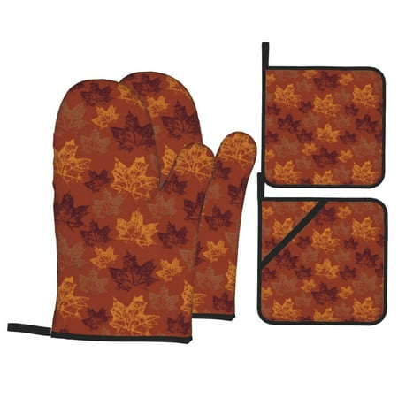

Oven Mitts and Pot Holders 4 pcs Set fall Maple Heat Resistant Pot Holders Oven Mitts for kitchen Non-Slip Hanging Loop Oven Glove Potholders for Baking Cooking