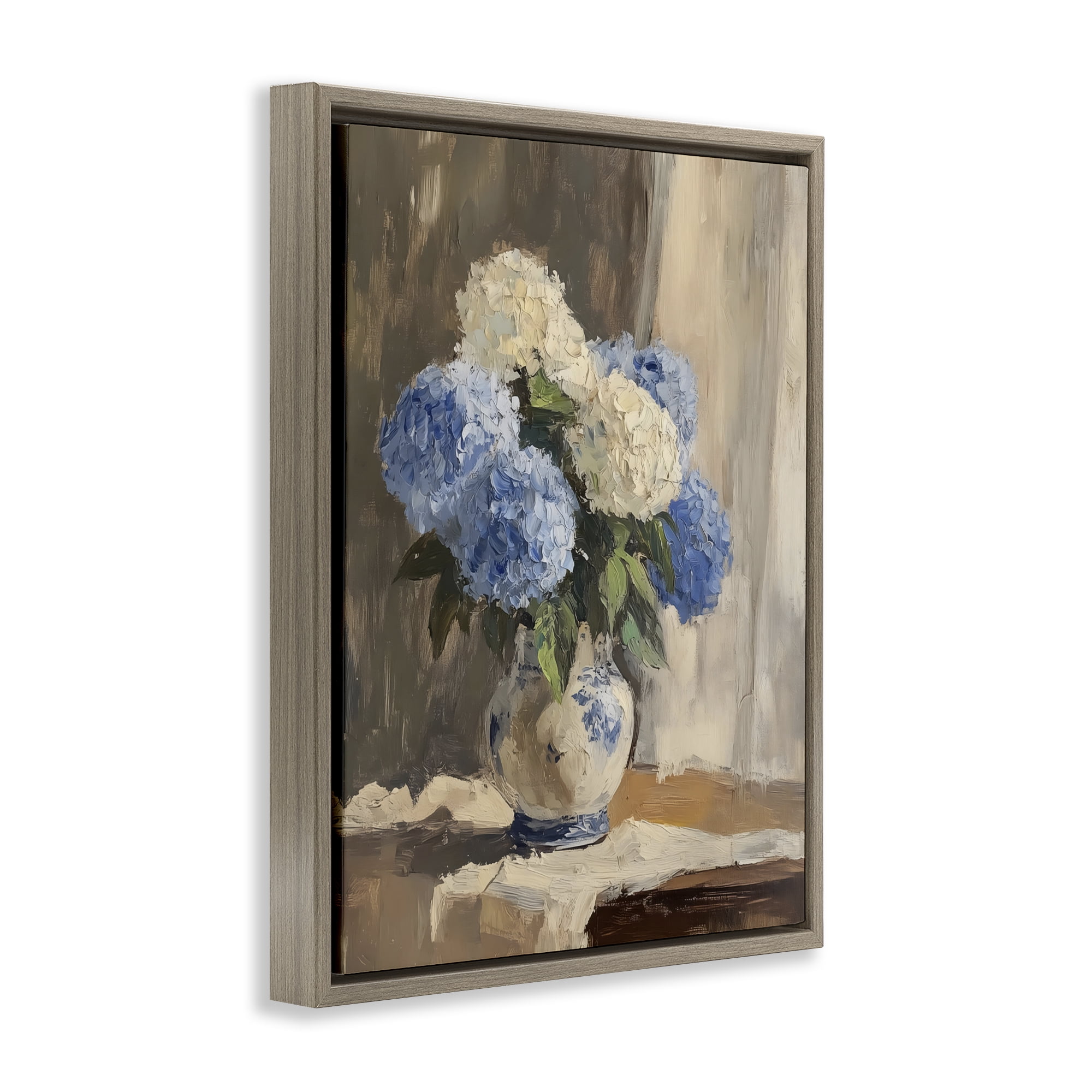 Stupell Industries Vintage Hydrangea in Ceramic Vase Brown Framed Floater Canvas Wall Art, design by LSR Design Studio