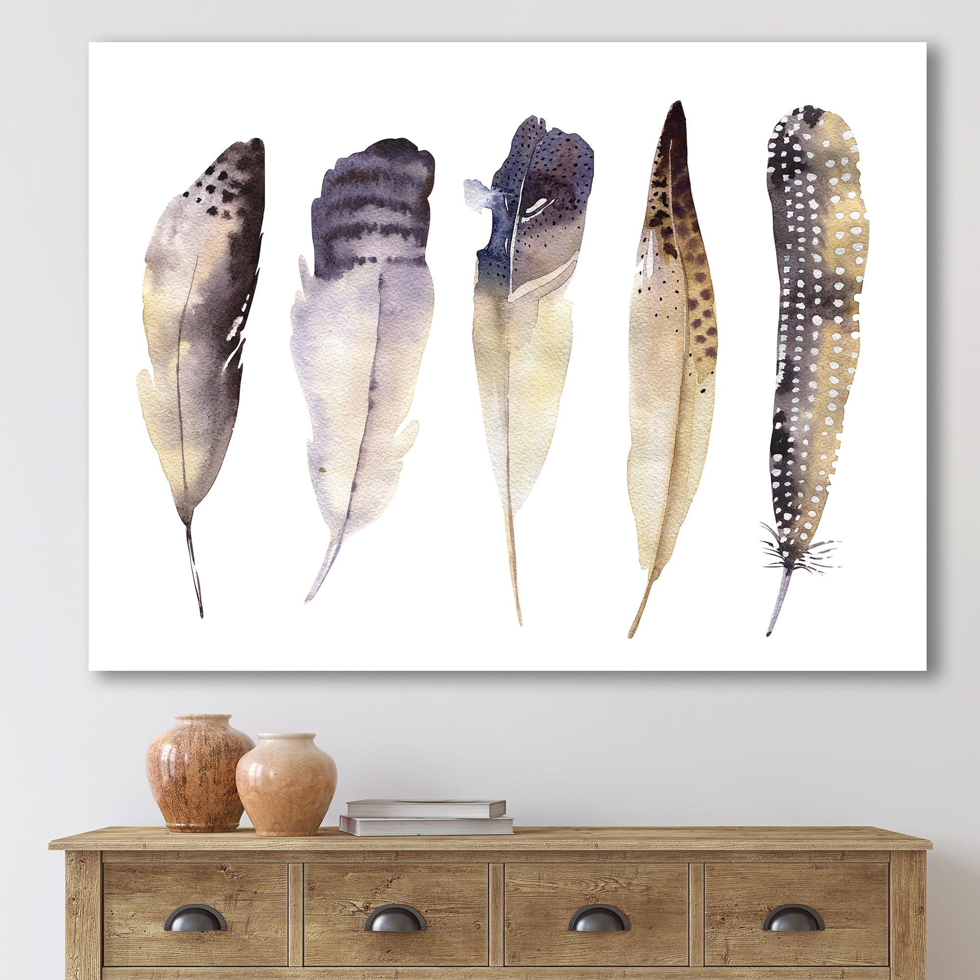Designart ' Dark Gray Feathers Boho Ethnic II ' Bohemian & Eclectic Canvas Wall Art Print